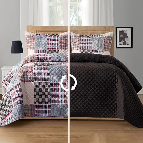 Elegant Comfort 3-Piece Plaid Reversible Quilt Set - King Brown