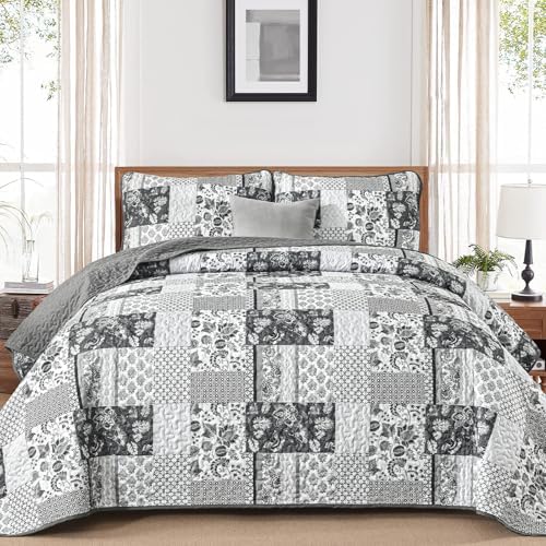 WONGS BEDDING Grey Patchwork Quilt Set King Size 3 Pieces