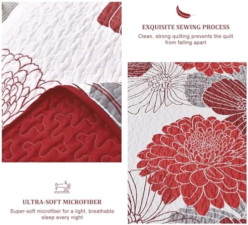 Anibedding Queen Quilt Set Red Floral Pattern 3 Piece