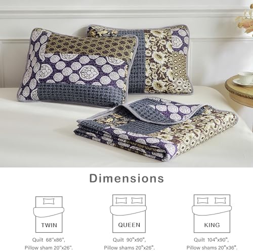 Flysheep 3-Piece Patchwork Quilt Set Khaki Blue Farmhouse Bedspread