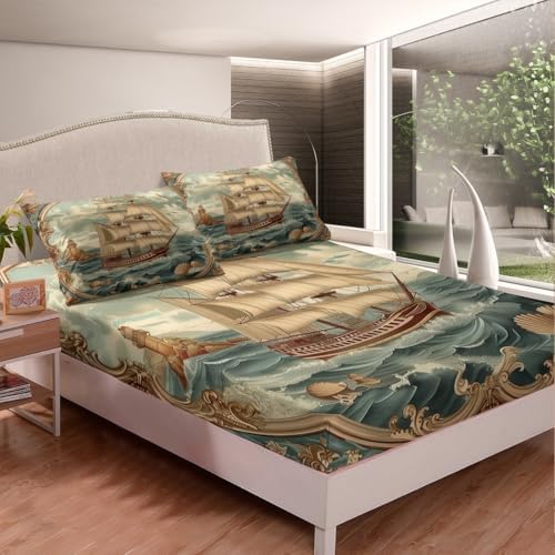 Manfei Nautical Kids Fitted Sheet Set - Blue Beige Ocean Adventure