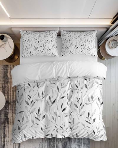 ZOE GARDEN Gray Leaf Bed Duvet Cover Queen Set