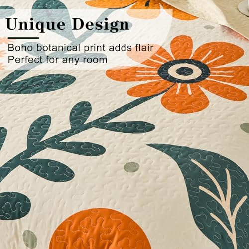 Yogeneg Queen Quilt Bedding Set 3 Piece White Orange Botanical Pattern