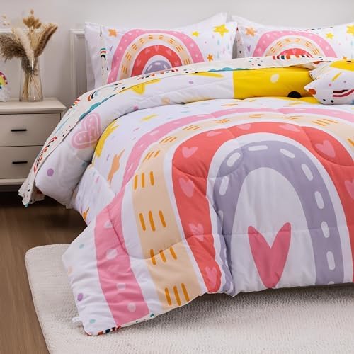 Btargot 5 Piece Pink Rainbow Comforter Set for Kids