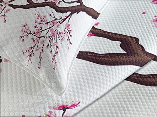 Ambesonne Japanese Bedspread Set with Sakura Flowers Queen Size Dark Brown