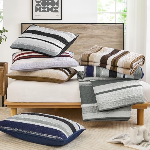 WONGS BEDDING Queen Size Red Striped Quilt Set