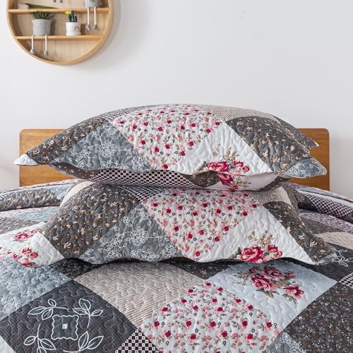 HoneiLife King Quilt Bedding Set - 3 Piece Grey Microfiber Quilt