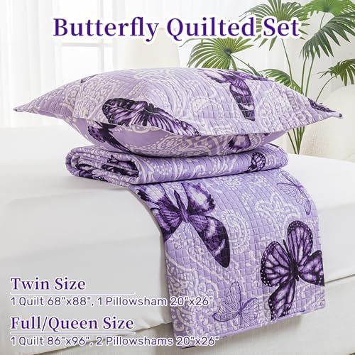 ARTALL Quilt Set 3-Piece Full Queen Size Paisley Butterfly Purple