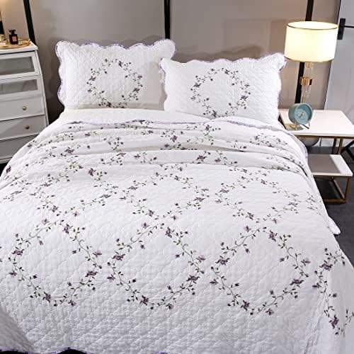 Vctops 3-Piece Floral Embroidered Quilt Set Twin