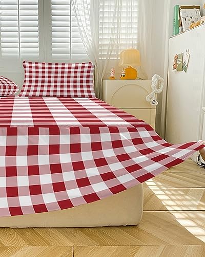 ZFUNCING Rustic Farm Plaid Red White Bed Skirt Set with 2 Pillow Shams