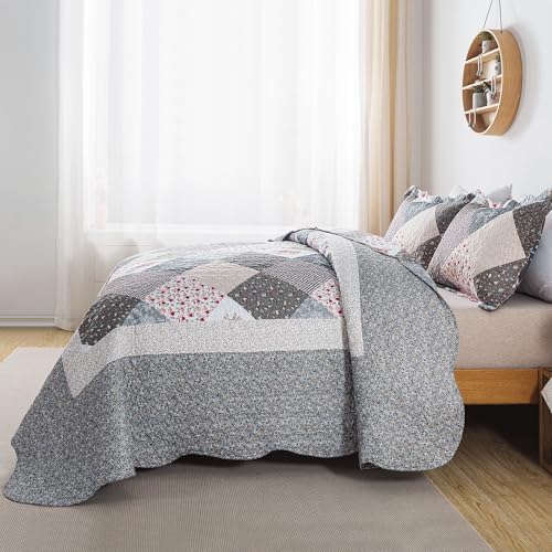 HoneiLife King Quilt Bedding Set - 3 Piece Grey Microfiber Quilt