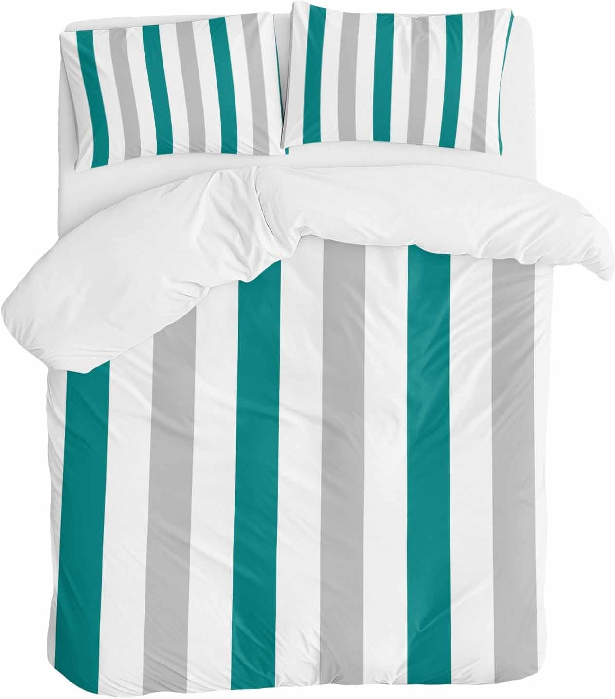 ZOE GARDEN Teal Grey Striped Duvet Cover Queen Set