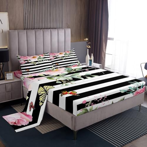 Erosebridal Pink Floral Sheet Set with 2 Pillowcases King Size