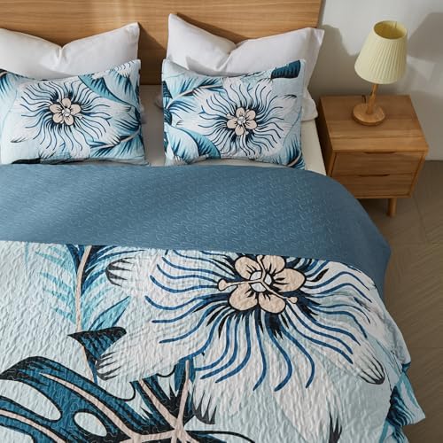 Yogeneg Light Blue Botanical Queen Quilt Set 3 Piece
