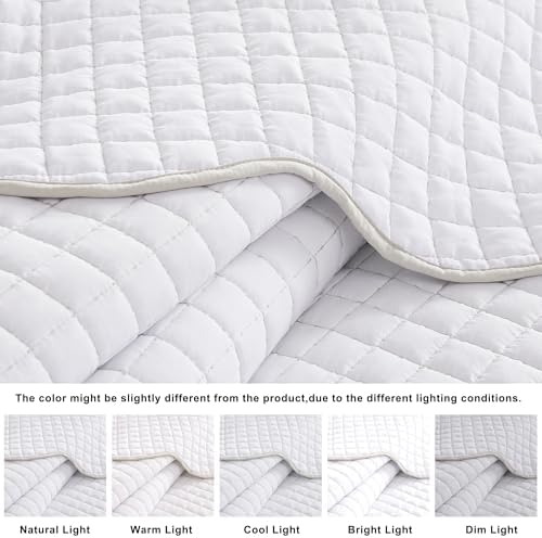 WDCOZY White Twin Quilt Bedding Set with Beige Scalloped Coverlet