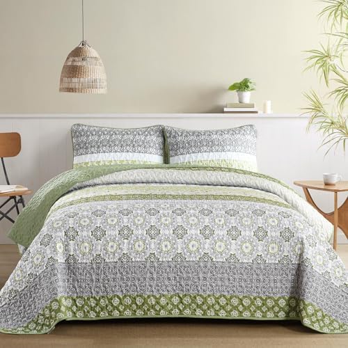 WONGS BEDDING Boho Quilt Set Queen Size Olive Green