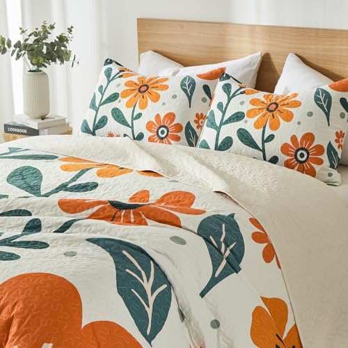 Yogeneg Queen Quilt Bedding Set 3 Piece White Orange Botanical Pattern