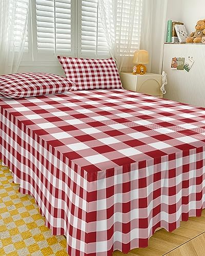 ZFUNCING Rustic Farm Plaid Red White Bed Skirt Set with 2 Pillow Shams