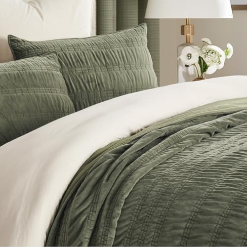 EVERGRACE Velvet Quilt Set Olive Green