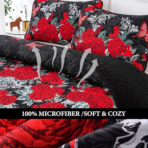 Yiran Black Floral Quilt Set King Size 3 Piece