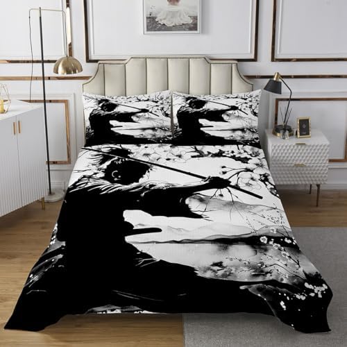 Erosebridal Samurai Quilt Set Queen Size Black and White Bedding Set
