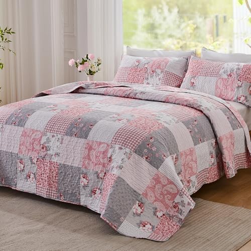 KINBEDY Oversized King Quilt Set 3 Piece Floral Patchwork