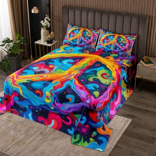 Erosebridal Tie Dye Bedspread Set Peace Sign 3D Bohemian Queen