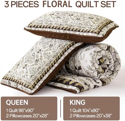 DJY Brown Floral Quilt Set King 3 Pieces
