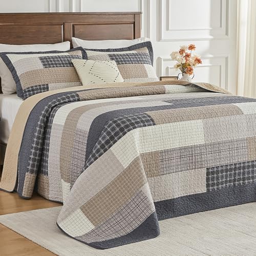 SahSahCasa 128x120 Plaid Cal King Bedspread Set