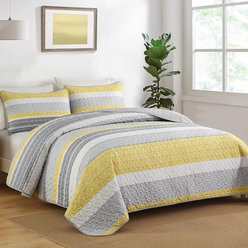 Djoymock Quilt Set Queen Size 3 Piece Fall Striped Bedding Set