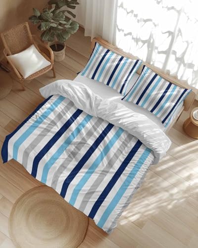 ZOE GARDEN Navy Blue Stripe Queen Duvet Cover Set 3 pcs
