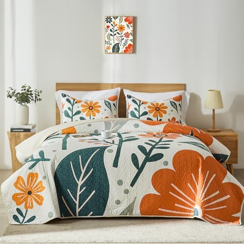 Yogeneg Queen Quilt Bedding Set 3 Piece White Orange Botanical Pattern