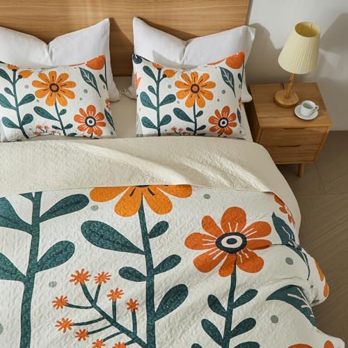 Yogeneg Queen Quilt Bedding Set 3 Piece White Orange Botanical Pattern