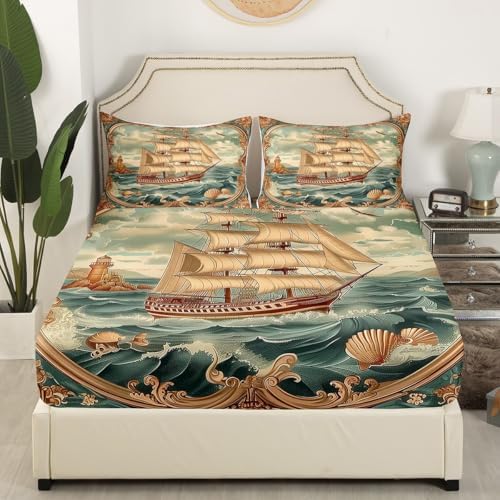 Manfei Nautical Kids Fitted Sheet Set - Blue Beige Ocean Adventure