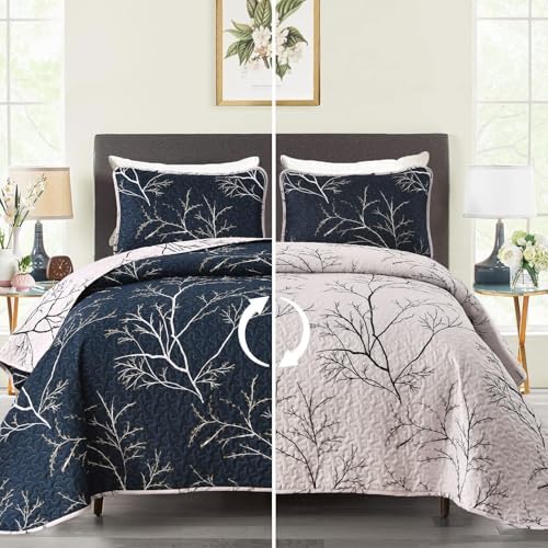 DJY 3 Piece Navy Floral Reversible Quilt Set