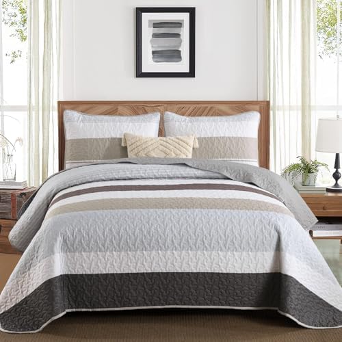 Dinjoy Grey Boho Quilt Set Queen Size Striped Patchwork 1