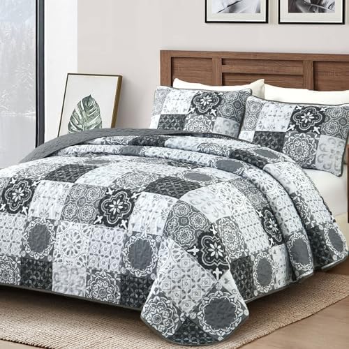 Dobuyly Boho Patchwork Cal King Quilt Set Grey Black 3-Piece Microfiber