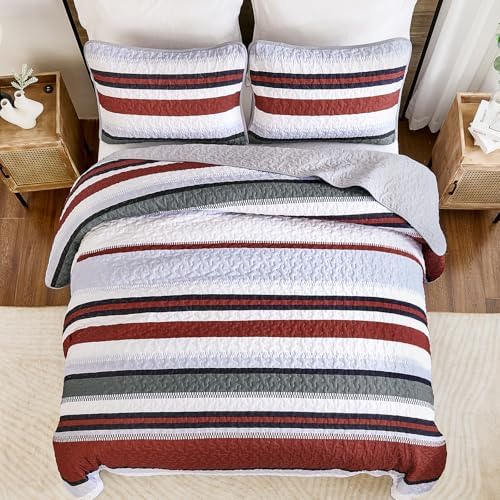 WONGS BEDDING Queen Size Red Striped Quilt Set
