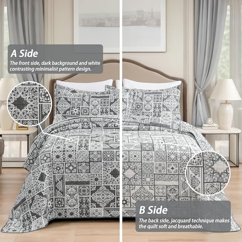Asuexpect 3 Piece Grey Patchwork Bedspread Set King Size 1