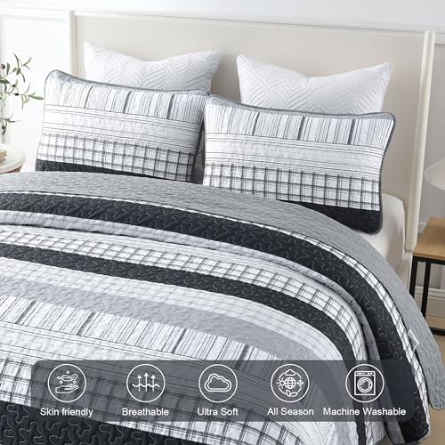 DJY Grey Boho Stripe Quilt Set 3 Piece King Size