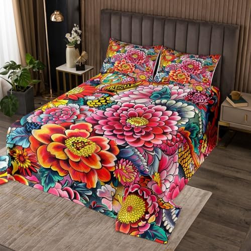 Erosebridal Boho Floral Quilted Bedspread Set