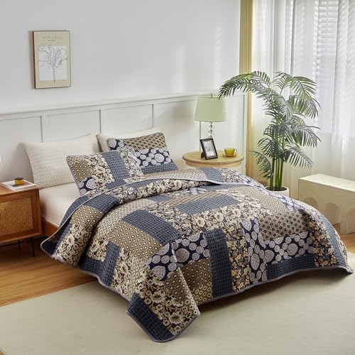 Flysheep 3-Piece Patchwork Quilt Set Khaki Blue Farmhouse Bedspread