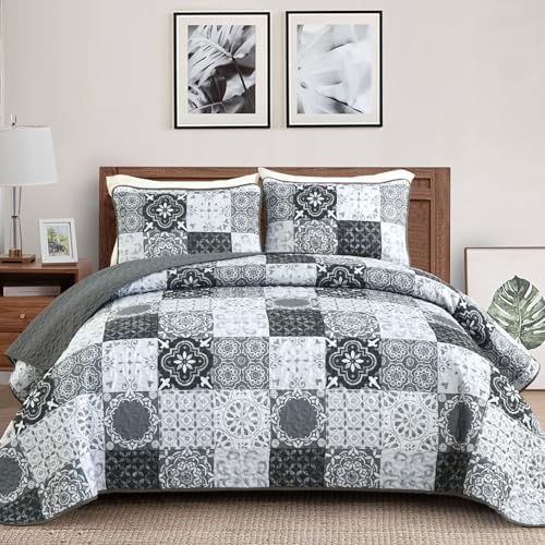 Dobuyly Boho Patchwork Cal King Quilt Set Grey Black 3-Piece Microfiber
