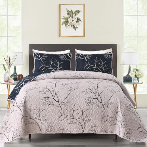 DJY 3 Piece Navy Floral Reversible Quilt Set