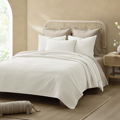 Wonderful Natural Linen Cotton Quilt - White Wave Stitched Queen Size