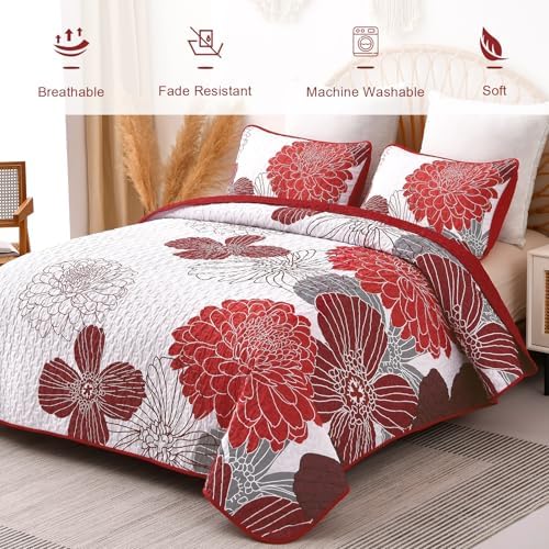 Anibedding Queen Quilt Set Red Floral Pattern 3 Piece