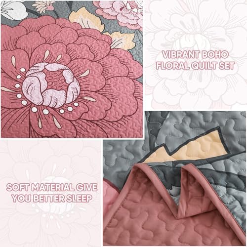DJY Floral Quilt Set King Size Grey and Pink 1
