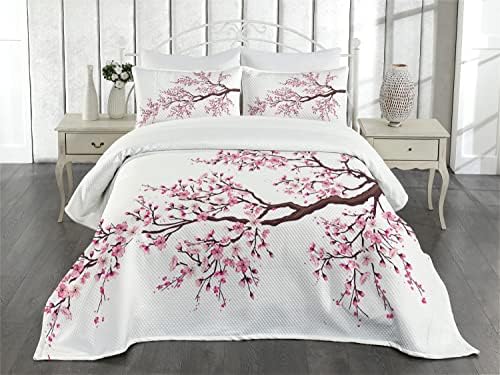 Ambesonne Japanese Bedspread Set with Sakura Flowers Queen Size Dark Brown