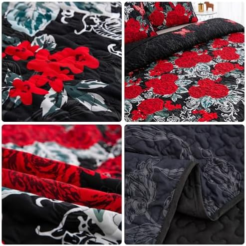 Yiran Black Floral Quilt Set King Size 3 Piece