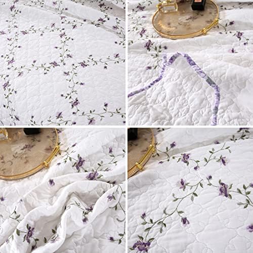 Vctops 3-Piece Floral Embroidered Quilt Set Twin